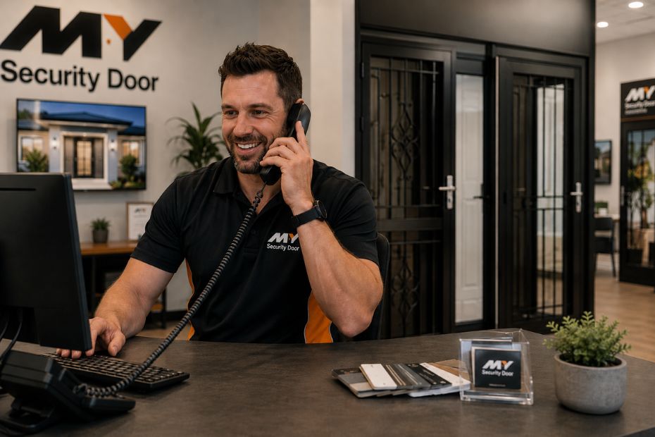 My Security Door Sales Consultant on the phone in a showroom